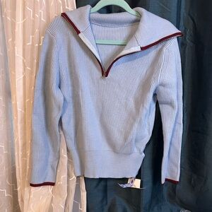 Cider Light Blue Half-Zip Sweater with Maroon Accents
